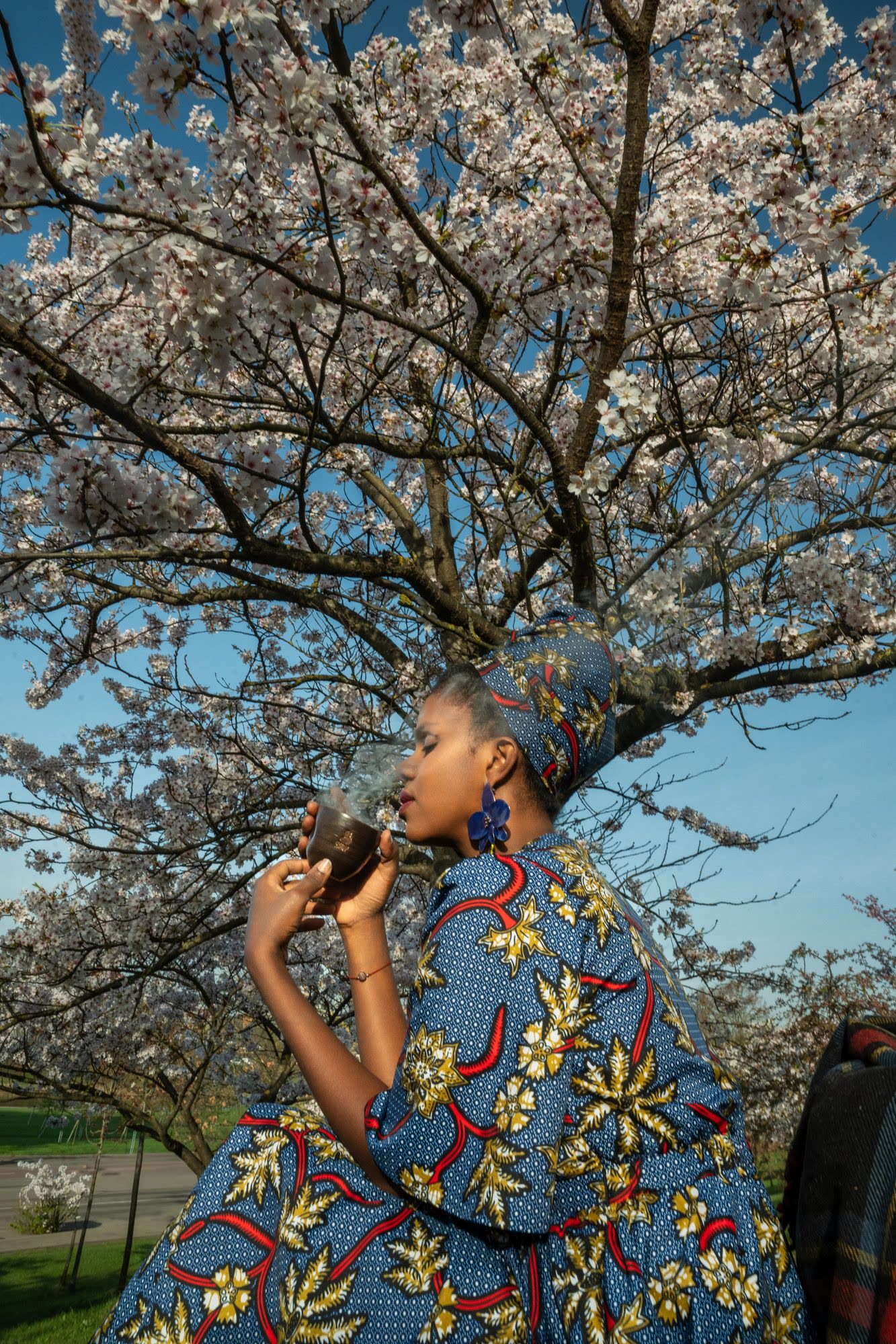 Coffee among spring blossom